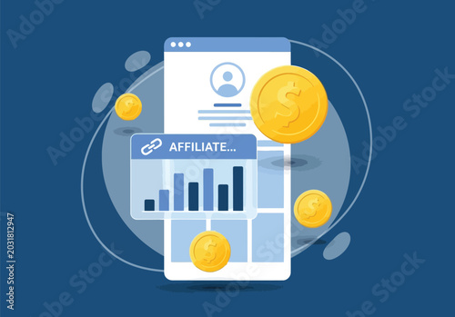 Tableau sur toile Mobile marketing strategy representing affiliate program growth with coins hovering around smartphone screen displaying bar chart trends for digital business success