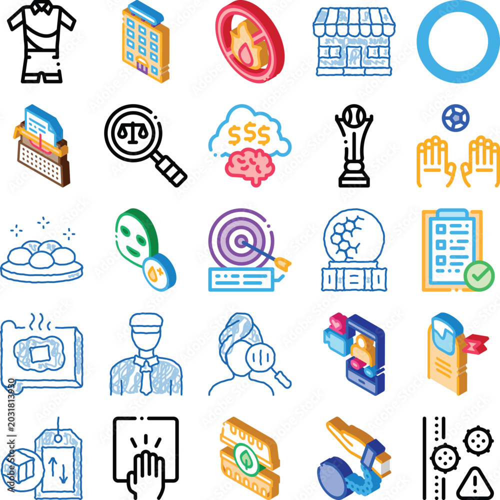 Fototapeta premium Set of various conceptual icons representing themes such as business, finance, sports, law, beauty, and safety, illustrating diverse professional and personal aspects