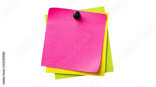 Layered neon pink, yellow, and green square sticky notes with a black pushpin on a transparent background