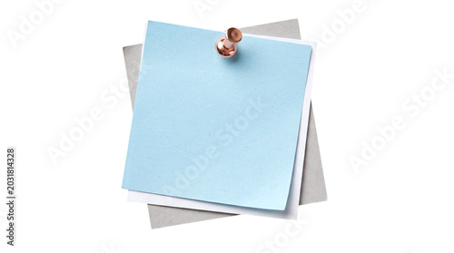 Light blue and gray square paper notes layered with a rose gold pushpin on a transparent background