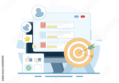 Foto Computer screen displaying online reviews and customer feedback with target icon vector illustration showing positive sentiment analysis and marketing strategy