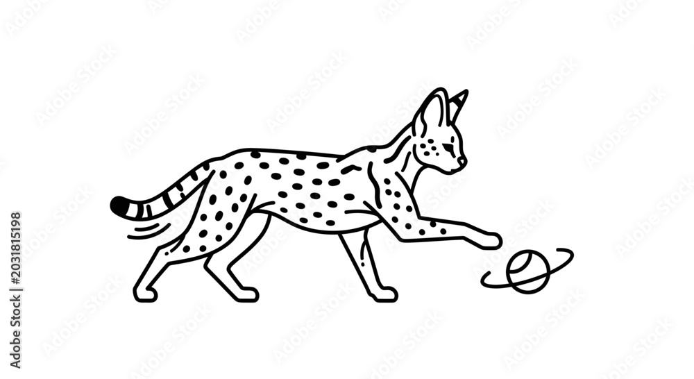 Fototapeta premium Serval Cat Playing with Saturn Planet Ring Illustration