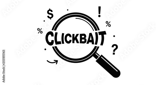 Foto Clickbait text concept with magnifying glass, dollar sign, and exclamation mark