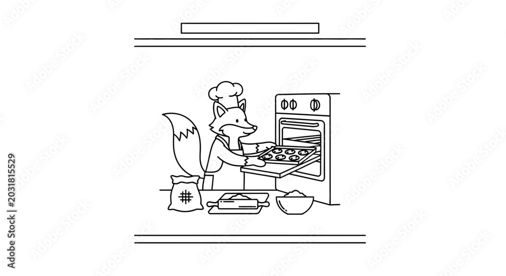 Naklejka premium Cute Fox Chef Baking Cookies in Oven, Whimsical Kitchen Scene