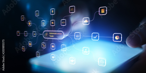 Automation Tools Digital Workflow Platform Showing Business Process Automation Software Integration and Intelligent Technology Systems.
