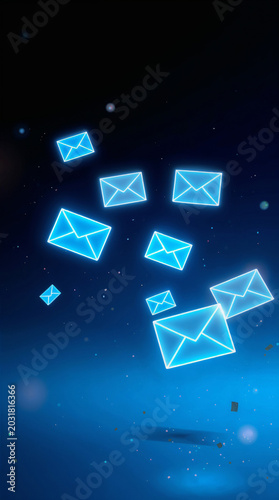 A collection of blue envelope icons floating against a dark blue background