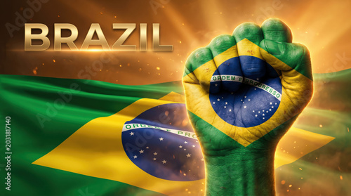 Football World Cup 2026 Brazil themed banner with clenched fist in national colors and waving flag, dynamic sports concept highlighting pride and determination