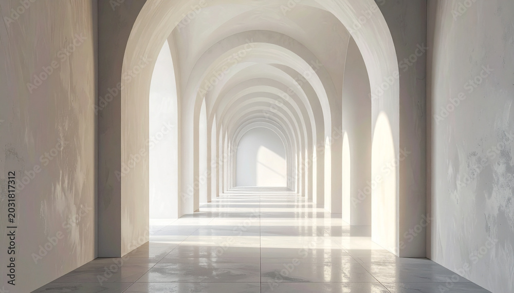 Obraz premium Architectural perspective of arched corridor with sunlight and shadows