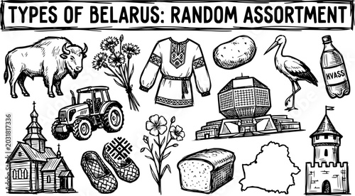 Hand-Drawn Black  White Line Art Set of Belarus National, Cultural, and Traditional Symbols  Icons