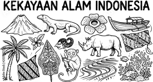 Canvas Print Indonesian Nature and Culture Black and White Line Art Vector - Volcano, Komodo