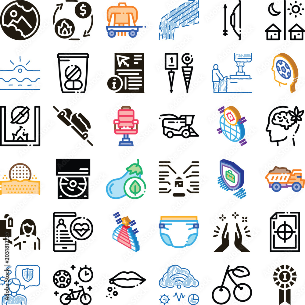 Fototapeta premium Set of vector icons illustrating various concepts from natural landscapes to technological innovations, business, lifestyle, and health, providing a versatile collection