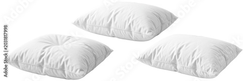 Foto Plush white bed pillows isolated on white background, fluffy cushions for sleepi