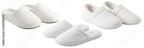 Bild auf Leinwand Cozy white spa slippers collection on white background, soft terry fabric house