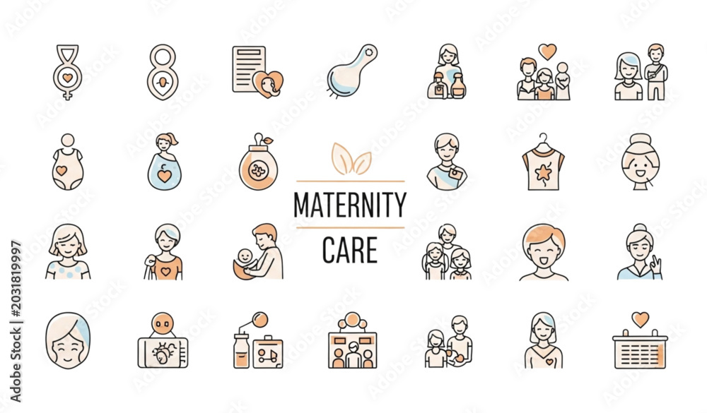 Obraz premium Modern maternity and childcare outline icon collection vector design