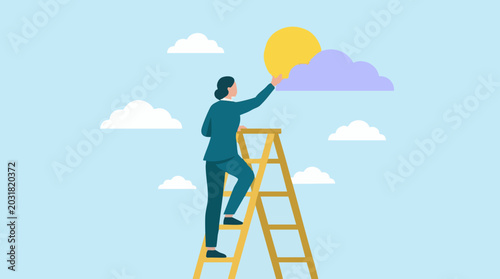 Εκτύπωση καμβά Businesswoman climbing ladder to reach sun, symbolizing success and ambition