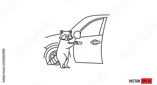 Funny raccoon trying to open car door, cartoon style, vector illustration