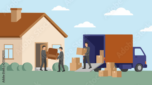 Quadro su tela Residential moving service: men loading boxes and furniture into a moving truck