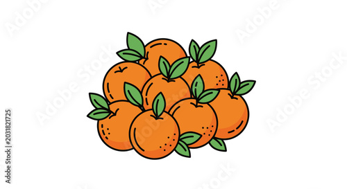 Vibrant oranges with green leaves illustration on white background