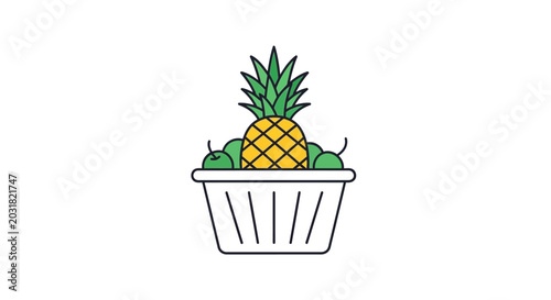 Fresh pineapple and green fruits in basket illustration on white backdrop