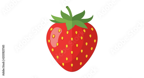 Vibrant red strawberry with green leaves isolated on white background