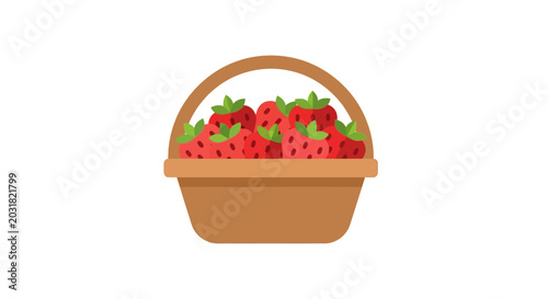Basket of fresh strawberries with green leaves isolated on white