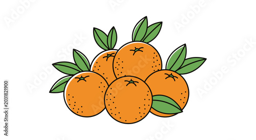 Fresh oranges with green leaves illustration on white background