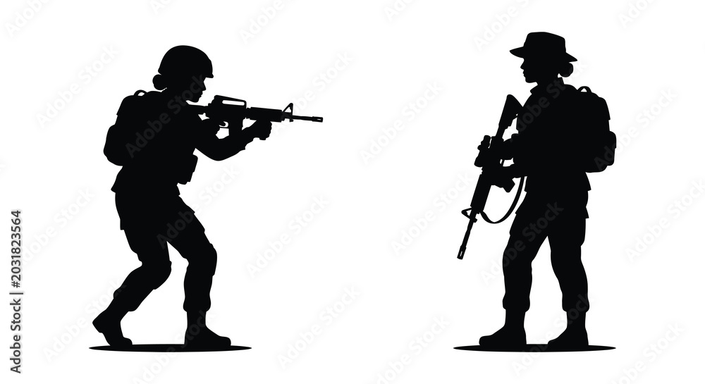 Fototapeta premium Two soldiers with rifles facing each other black silhouette on a white background