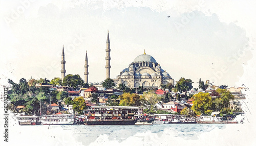 Cityscape watercolor painting mosque boats