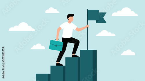 Obraz na plátně Businessman with briefcase climbing stairs to reach flag, business success conce