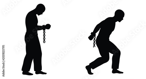 Tableau sur toile Two men in chains side view black silhouette on a white background silhouette