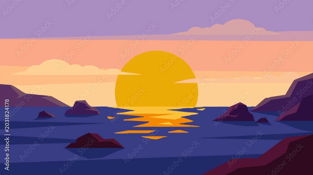 Fototapeta premium Flat design landscape of sunset over ocean with mountains and reflections