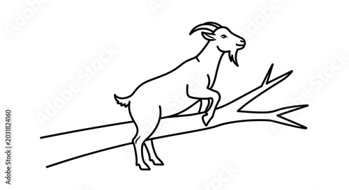 Goat Climbing Tree Branch Line Art Vector Illustration