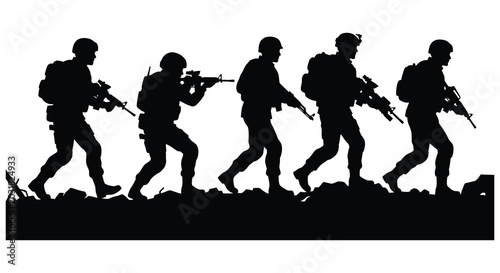 Photography group of soldiers running with rifles in a combat zone black silhouette