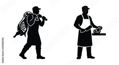 Photos butcher carrying carcass and cutting meat black silhouette on a white background