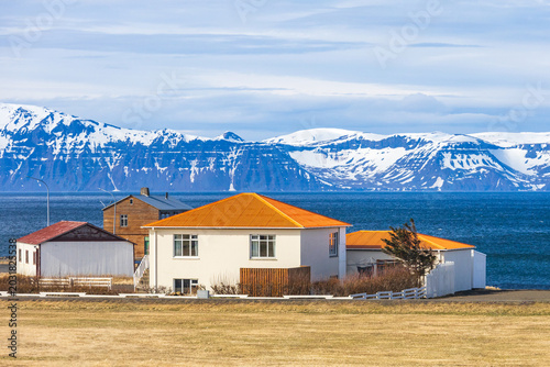 Icelandic houses on the coast of Atlantic ocean. Village of Bakkafjordur, north east Iceland.