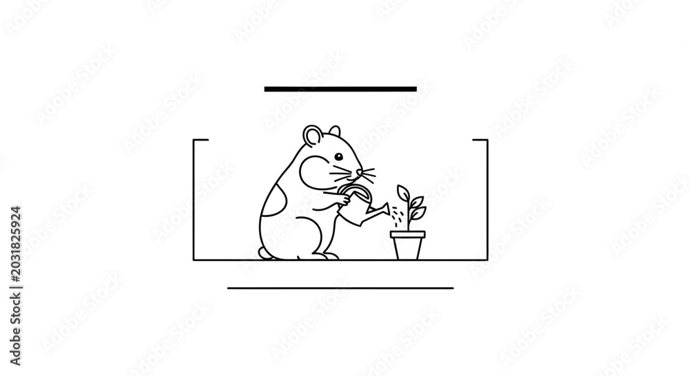 Fototapeta premium Cute Hamster Watering a Small Plant in a Pot, Minimalist Line Art
