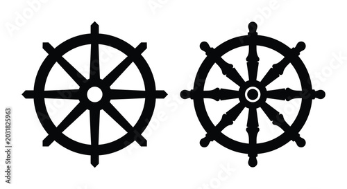 Tableau sur toile two dharma wheel silhouettes against a white background buddhist symbol of the e
