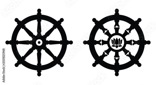Tableau sur toile two dharma wheel silhouettes against a white background buddhist symbol of the e