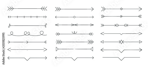 Foto Set of hand drawn black line dividers and arrows with various geometric shapes a