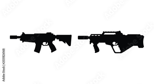Konstfotografi Two assault rifle silhouettes against a plain white background black weapon shap