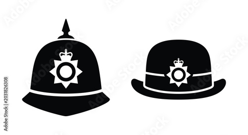 Two british police helmets with badge emblem black silhouette on a white background