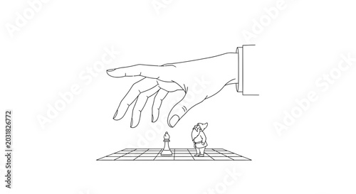 Giant hand intervenes in chess game between tiny figures on board
