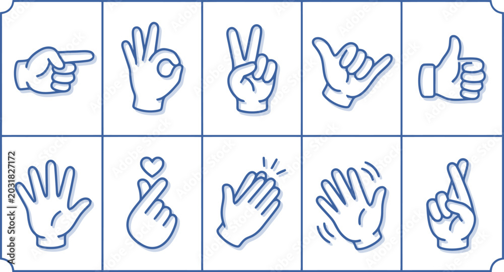 Fototapeta premium Minimalist Human Hand Gestures Line Icon Set for Communication Apps, User Interface Design & Digital Marketing Presentations (EPS)