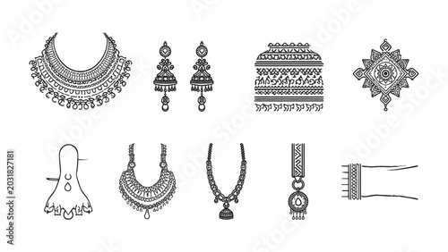 Tableau sur toile Indian Jewelry Set: A collection of intricately designed Indian jewelry, featuring necklaces, earrings, and decorative elements, showcasing traditional craftsmanship and ethnic beauty