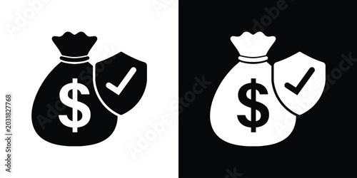 Obraz na plátně Financial protection icon showing a dollar money bag secured by a shield with a checkmark