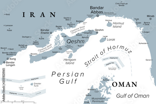 Schilderij op canvas Qeshm, largest island of Iran, gray political map