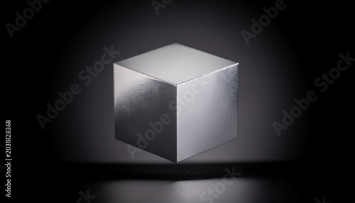 8K Ultra-HD Macro of Polished Silver Cube Floating in Matte Black Abyss