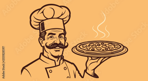 A chef holding a steaming hot pizza in a kitchen environment with a mustache.