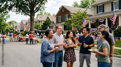 Diverse group of happy neighbors socializing and laughing together at a festive outdoor summer block party in a suburban neighborhood decorated with American flags.