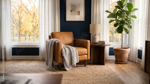 A cozy living room corner featuring a tan leather armchair with a gray knitted throw, a wooden side table holding a lamp and books, and a large potted fiddle-leaf fig near bright windows.